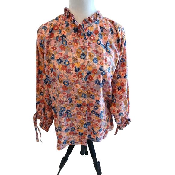 Sundance 100% Cotton tie sleeve buttond down floral top Large - Picture 1 of 7